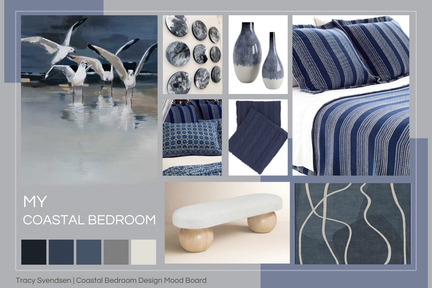 Modern coastal bedroom mood board by Tracy Svendsen featuring Angela Maritz Serenity print blue dresser and boucle bench