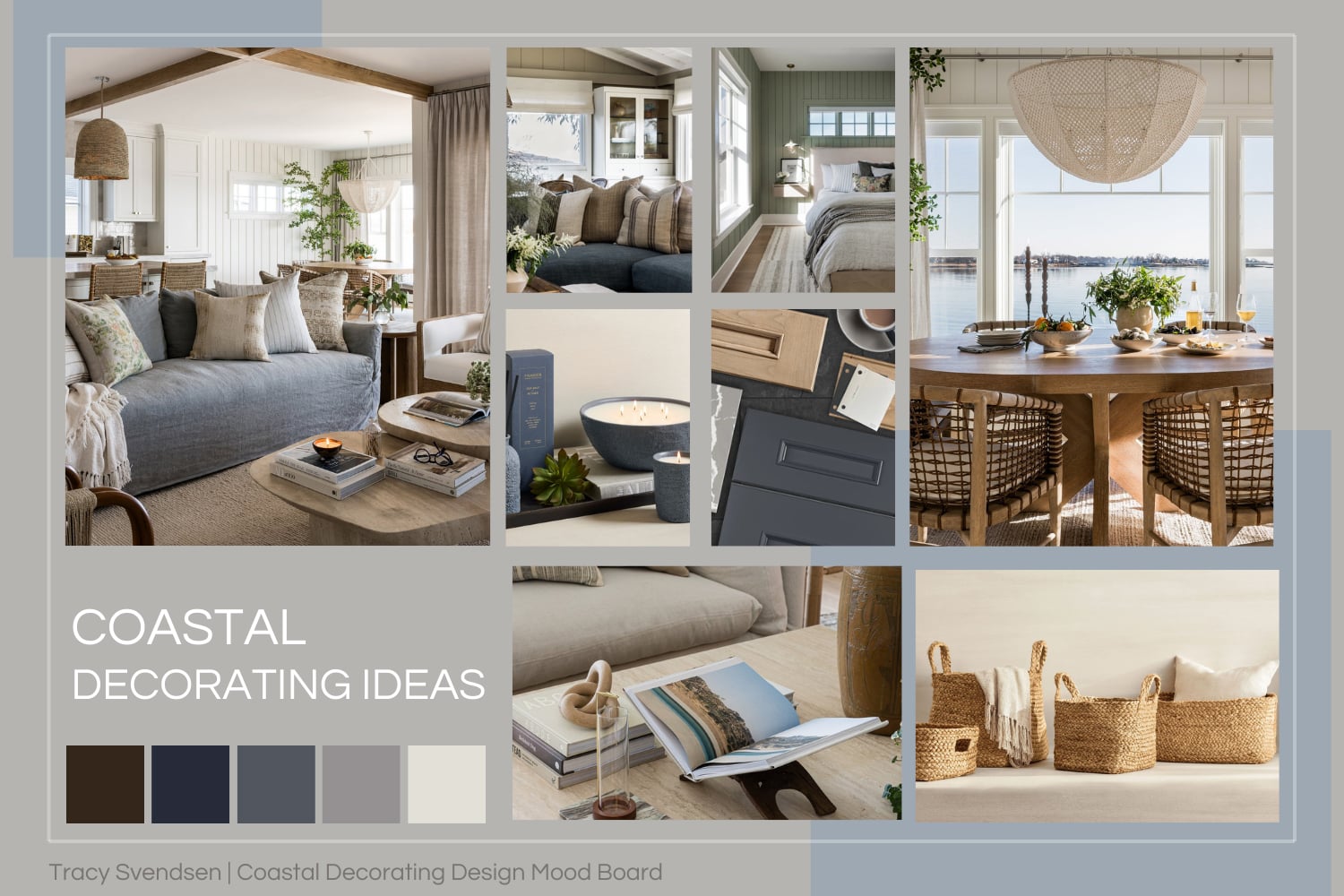 Modern coastal mood board with layered textures, including sisal rugs, rattan lighting, shiplap walls, light oak flooring, and soft blue and neutral tones.