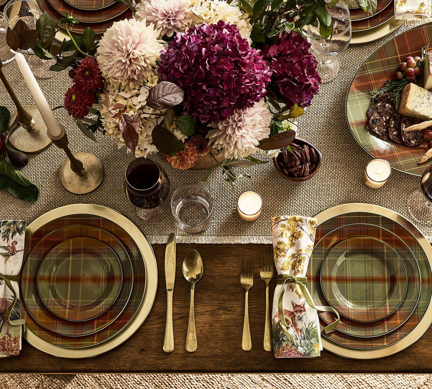 Thanksgiving table setting with plaid plates and brass chargers