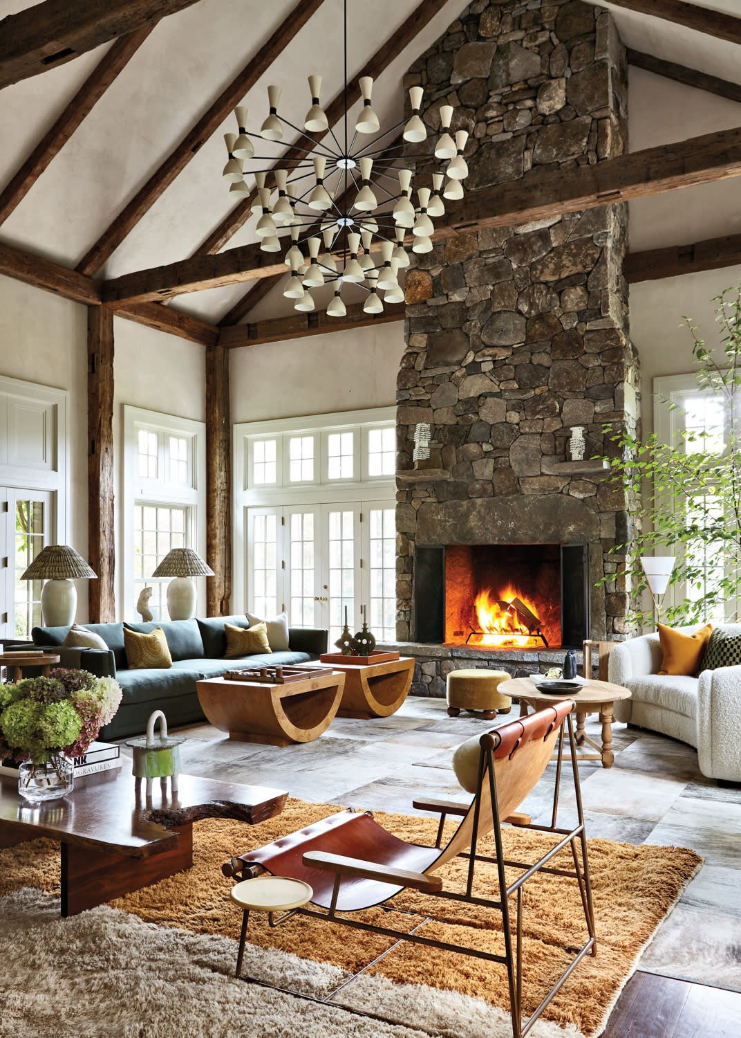 Modern Rustic Style Living Room with Stone Fireplace