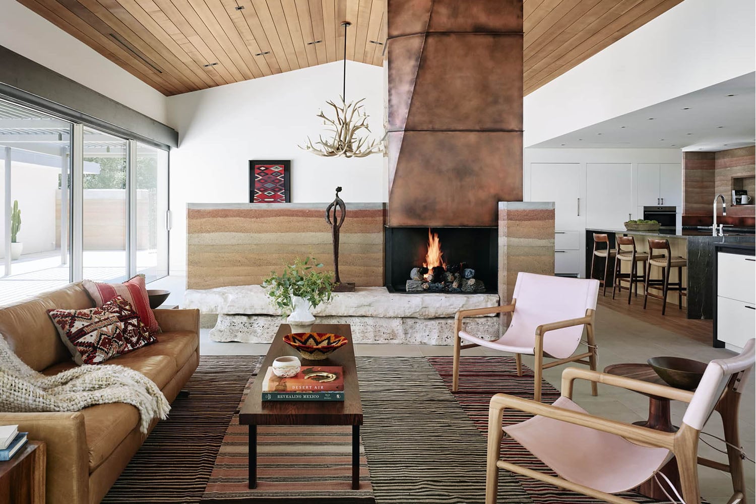 southwestern-living-room-with-copper-fireplace Southwestern Living Room with Copper Fireplace