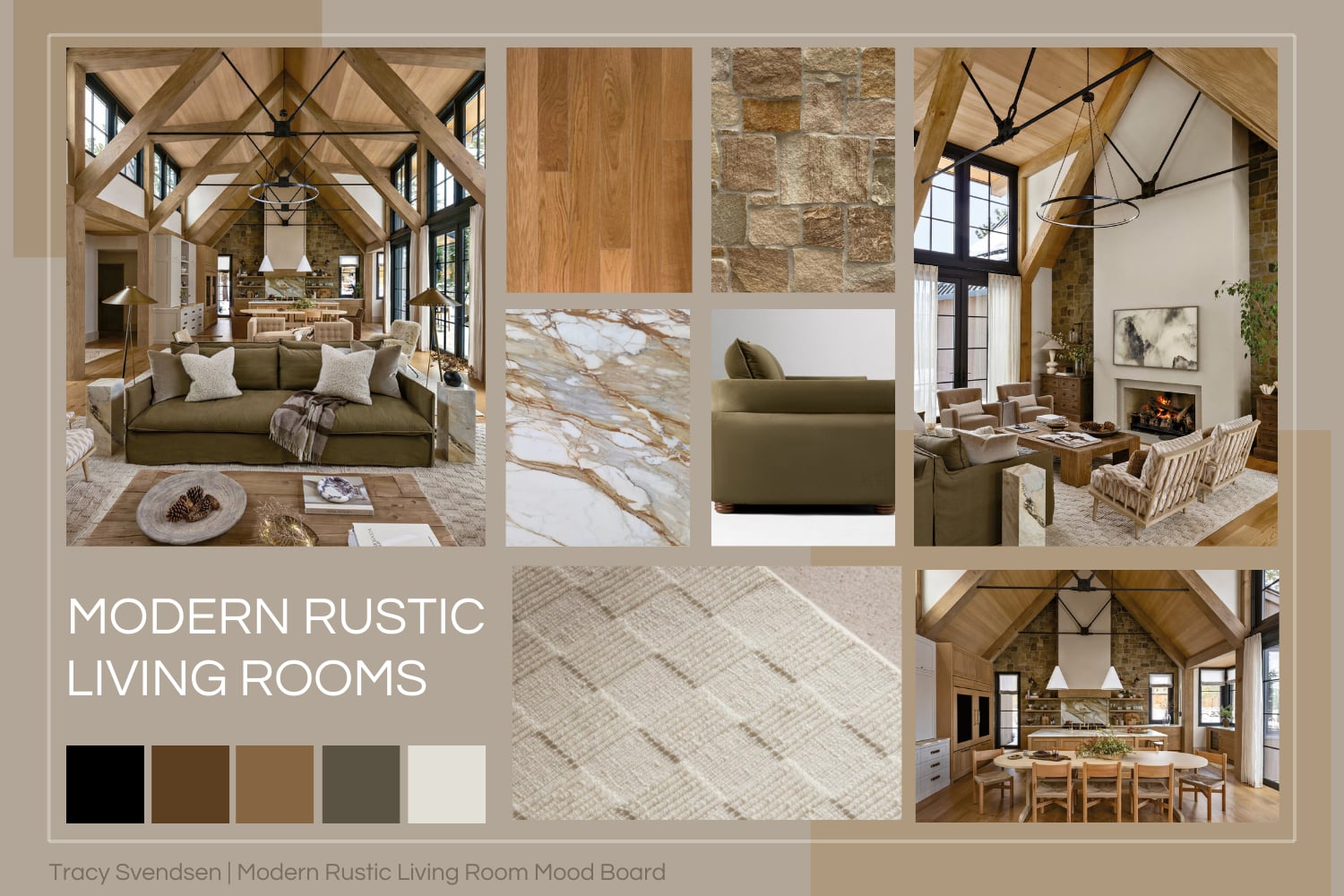 Modern rustic living room with exposed wood and steel beams, layered stone walls, warm flooring, and textured furnishings.