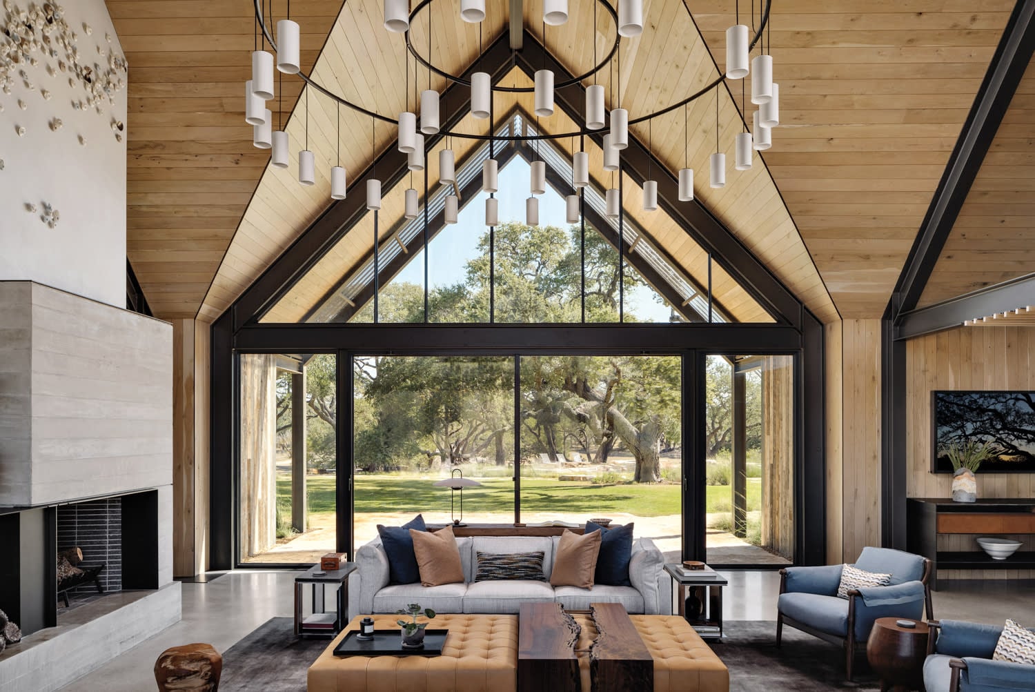 Modern rustic living room with a light wood vaulted ceiling, black beams, and contemporary furniture.