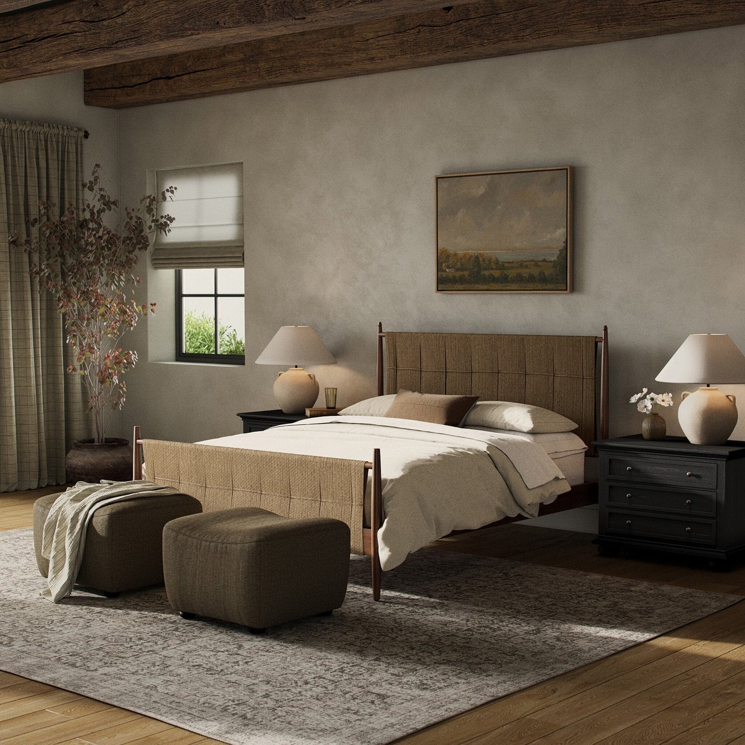 Rustic farmhouse bedroom with woven headboard, wood ceiling beams, and dark wood nightstands