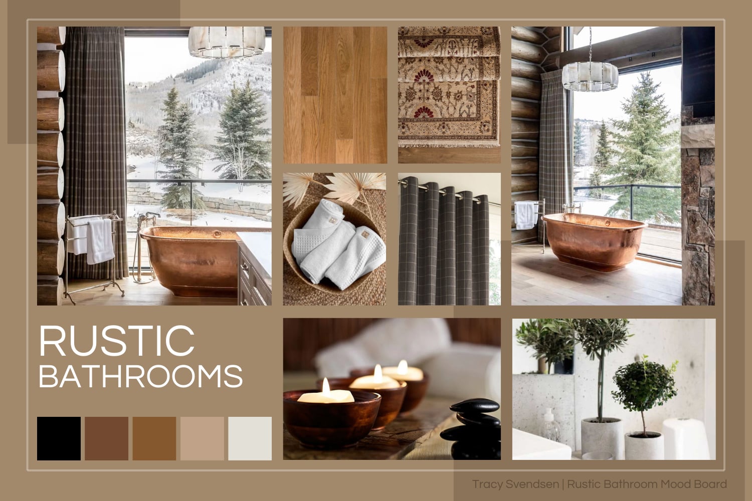 Designer-interpreted mood board of a spa-inspired rustic bathroom focused on natural materials and calm earth tones.