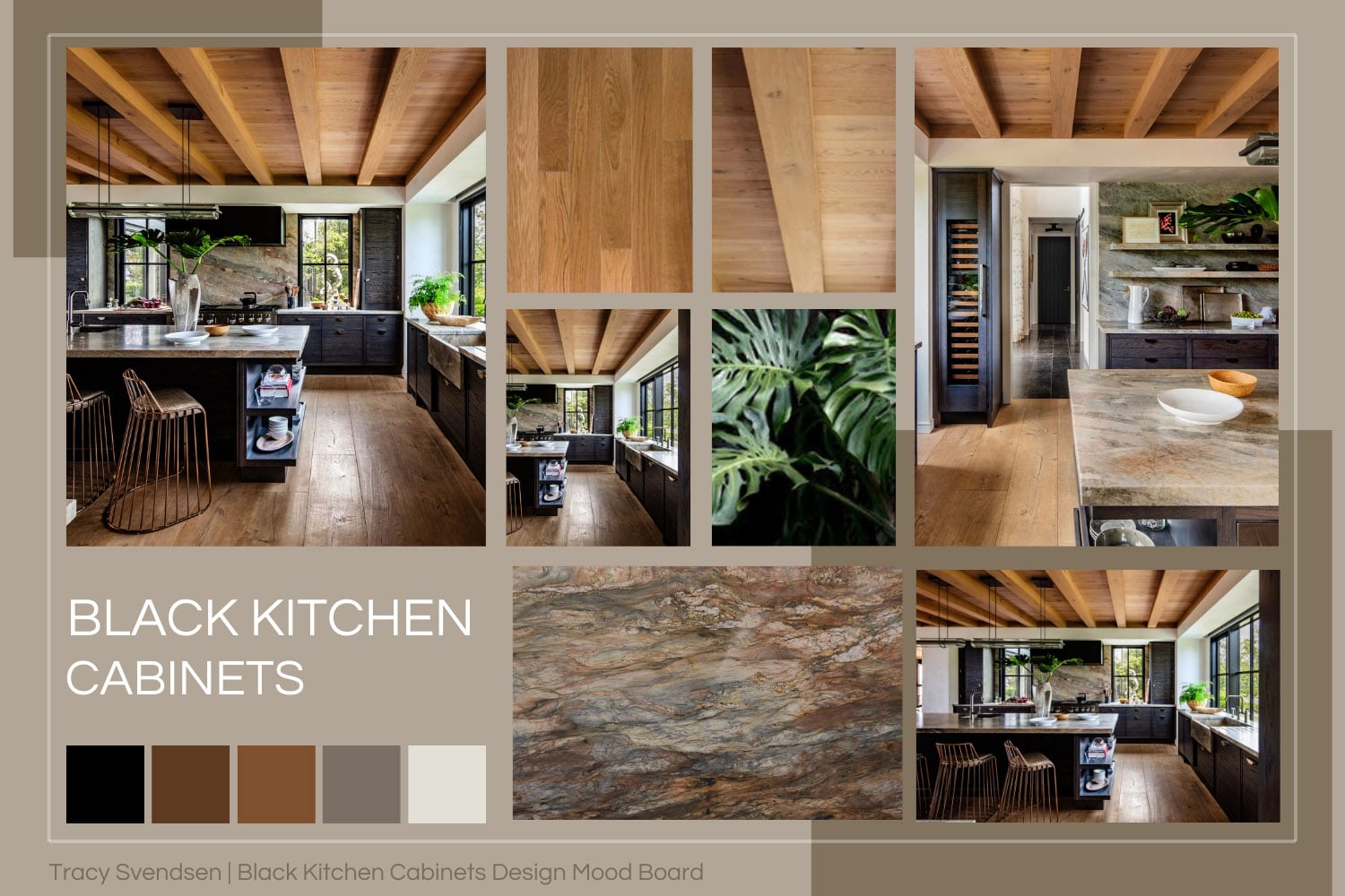 Designer mood board featuring black kitchen cabinets paired with warm wood tones, bronze accents, Taj Mahal quartzite countertops, and soft neutral finishes.