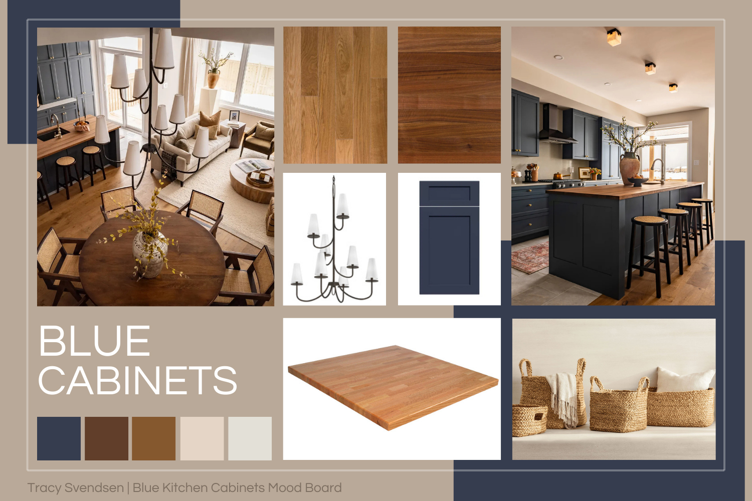 Mood board showing blue kitchen cabinets paired with warm wood tones, light neutrals, and layered textures in an open-concept kitchen