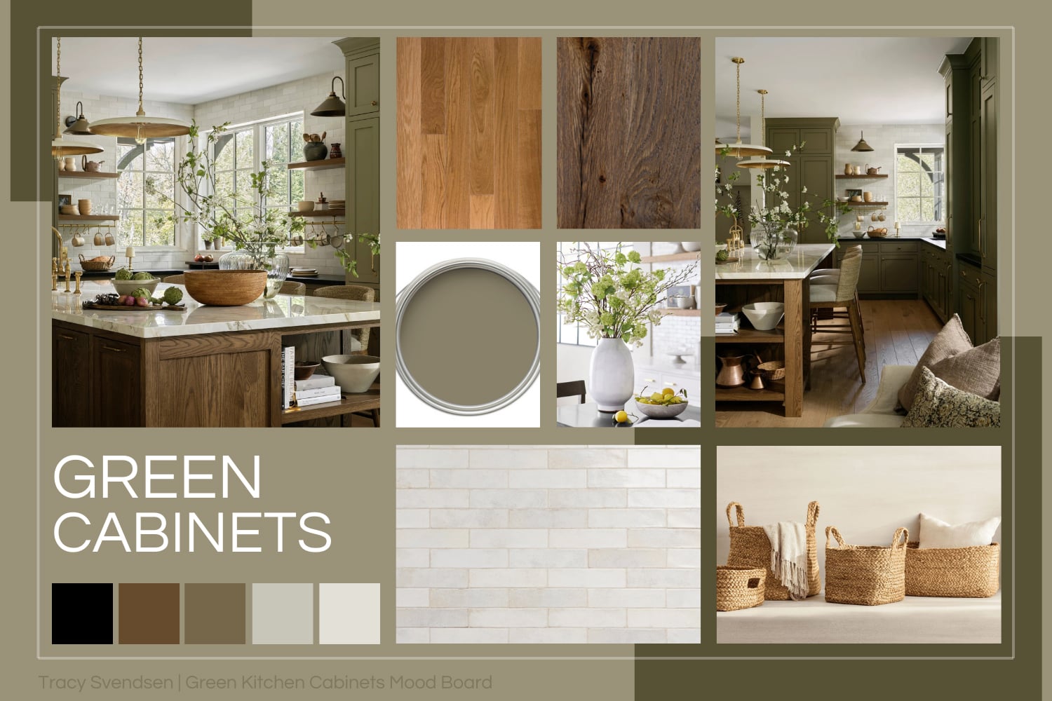 Designer mood board of a modern farmhouse kitchen with moody green cabinets, dark oak island, brass fixtures, and natural stone surfaces.