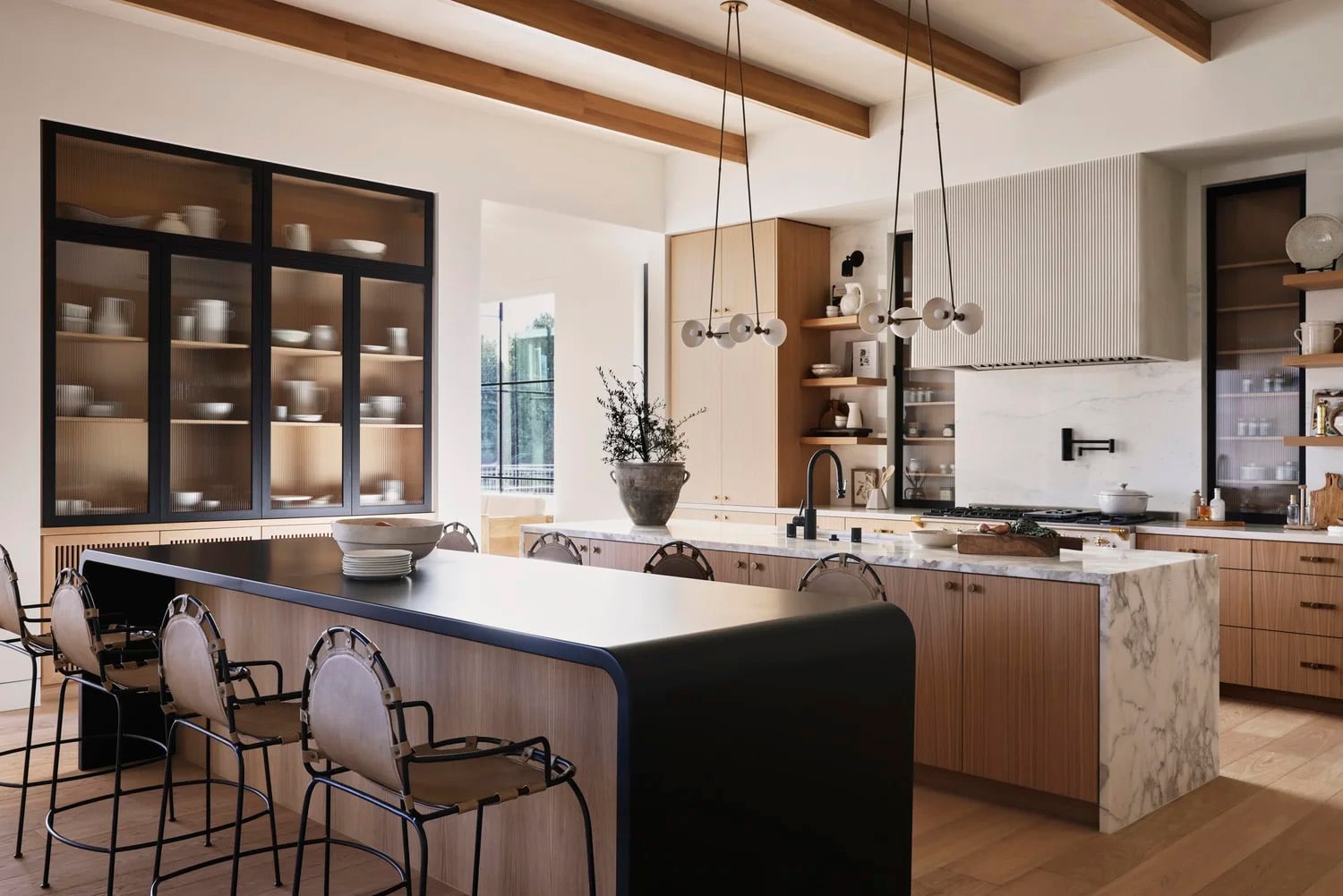 Modern organic kitchen with open wood shelving