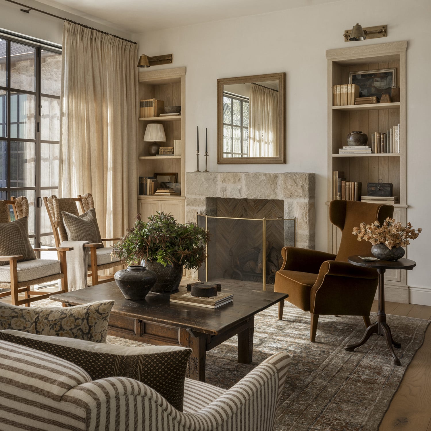 Open shelving in a warm and inviting living room
