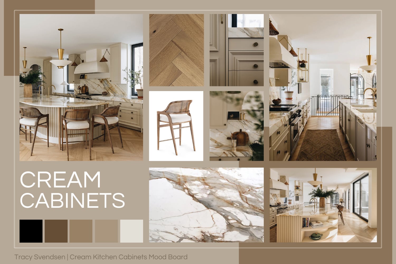 Designer-interpreted mood board of a modern kitchen with cream and taupe cabinetry, marble, and brass accents.