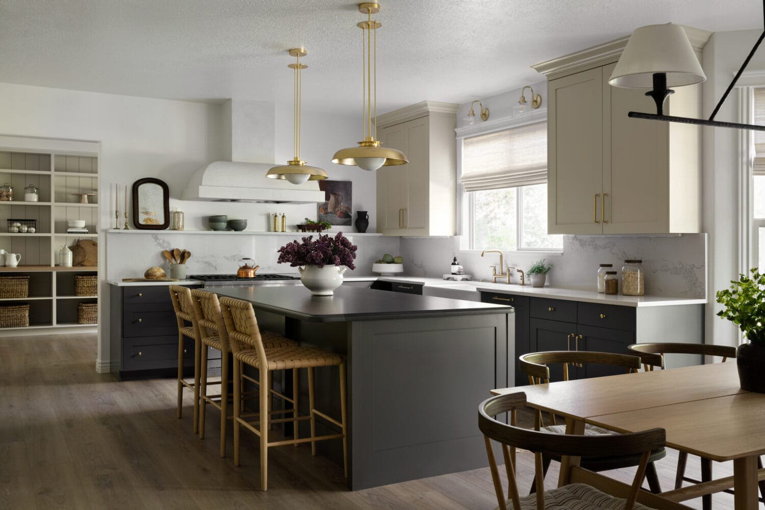 Cream Cabinets in Sherwin Williams Natural Tan with Sherwin Williams Gray Peppercorn Kitchen Island