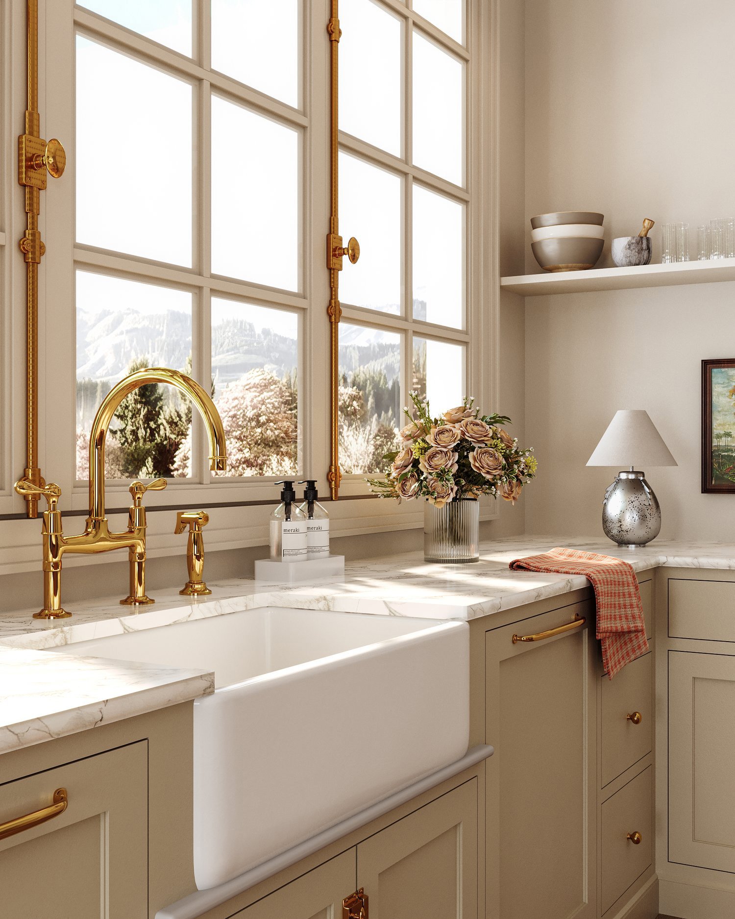 Farmhouse Kitchen with Cream Cabinets & Light Wood Flooring