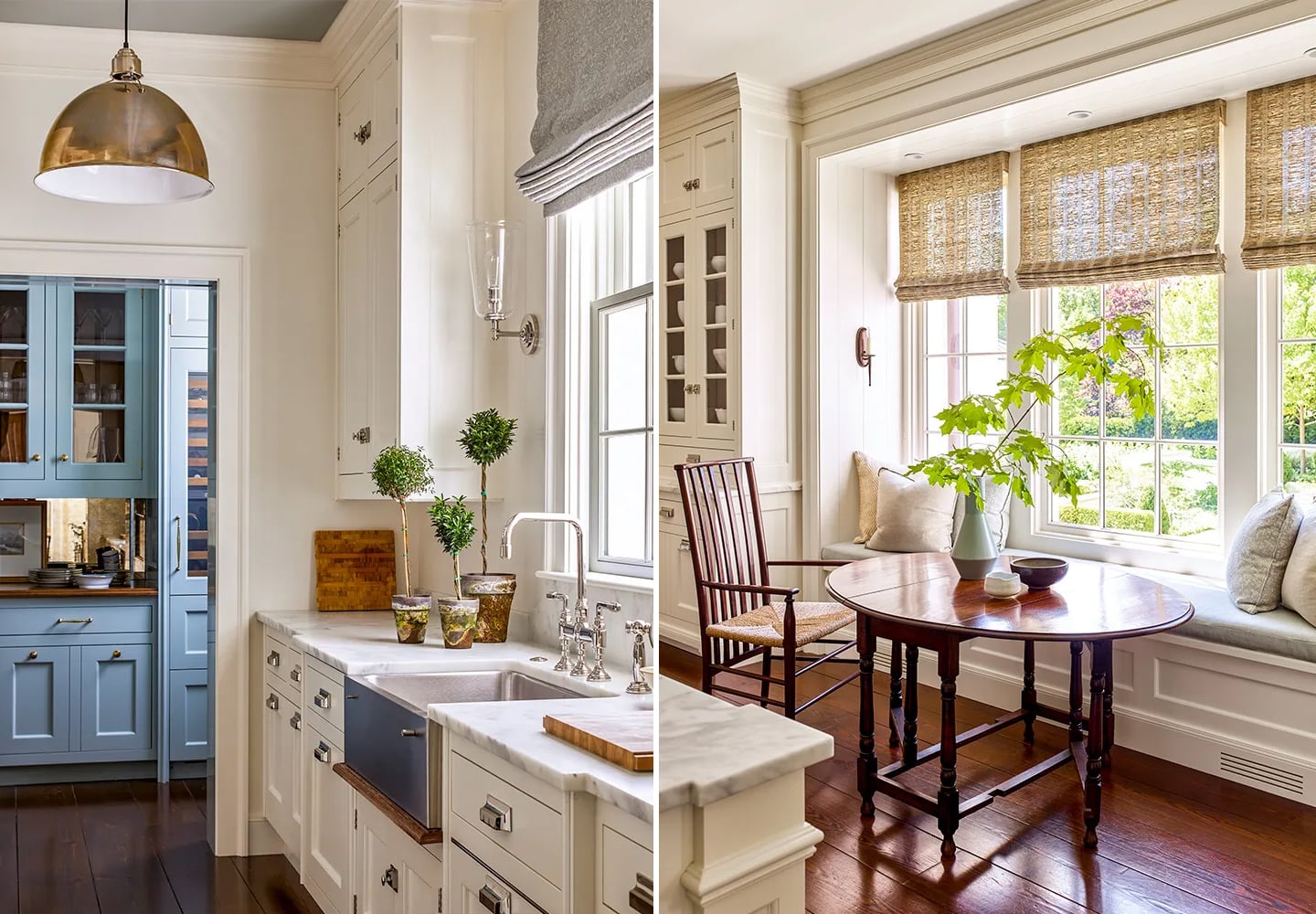 Cream kitchen cabinets with blue accent pantry cabinetry nickel range hood and natural fiber shades by Suzanne Kasler