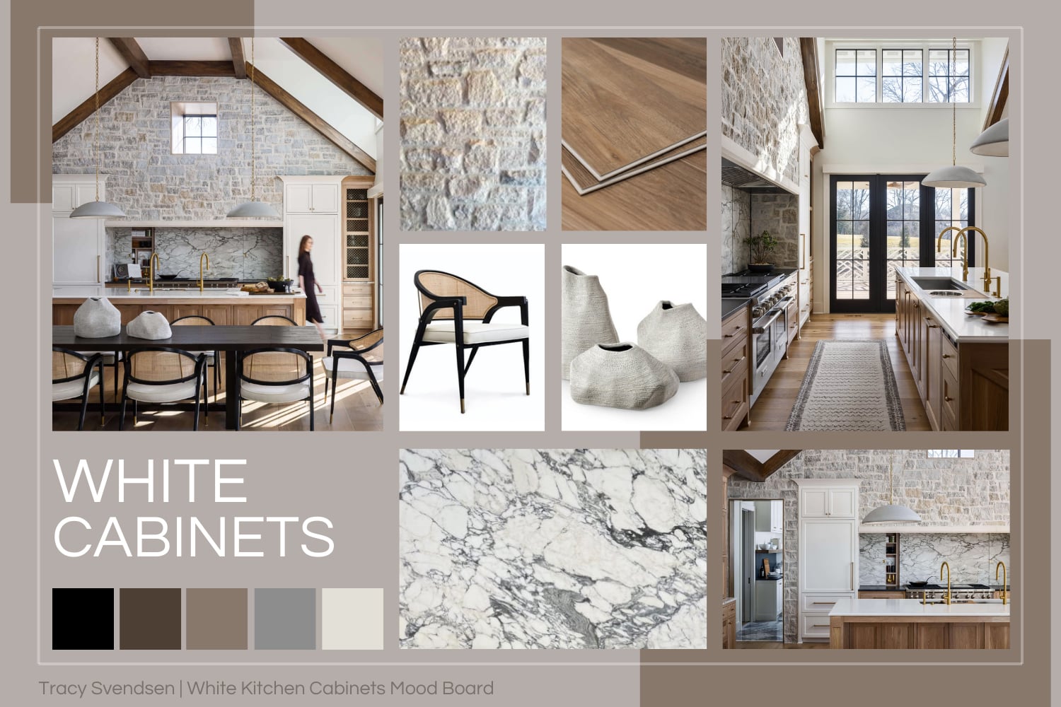 Mood board featuring white kitchen cabinets paired with light oak, veined marble, stone walls, and black accents in a modern organic kitchen.