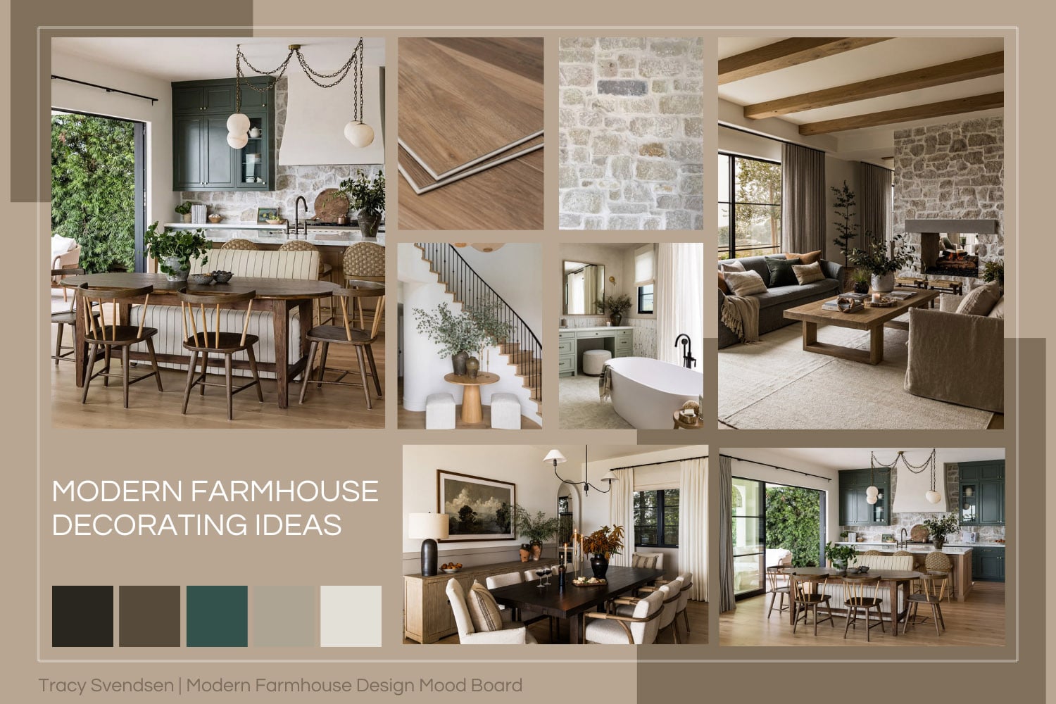 Modern farmhouse interior with stone accent walls, light wood floors, black framed windows, and layered natural textures.