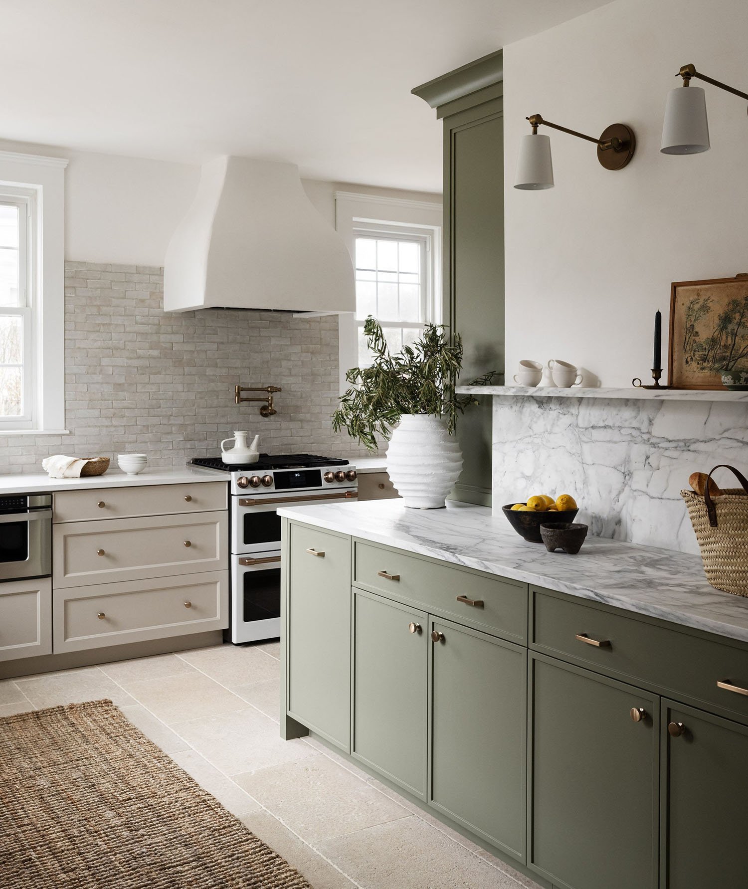 light-olive-green-and-cream-cabinets Light Olive Green & Cream Cabinets