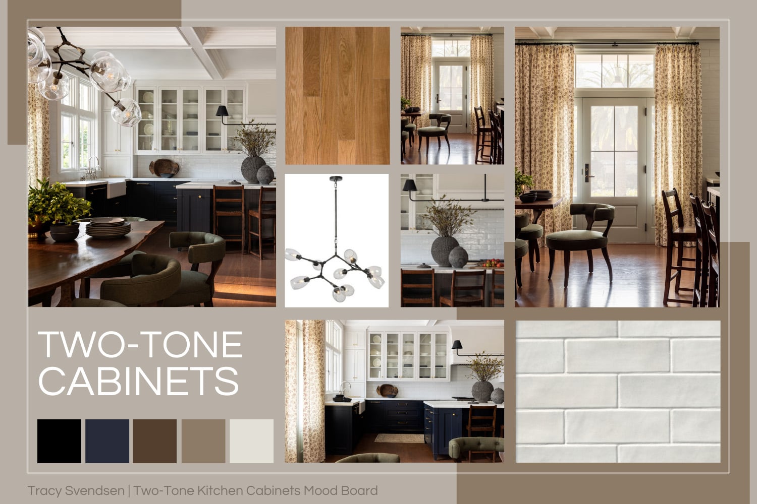 Two-tone kitchen with cream upper cabinets, navy lower cabinets, wood stools, subway tile backsplash, and warm wood floors.