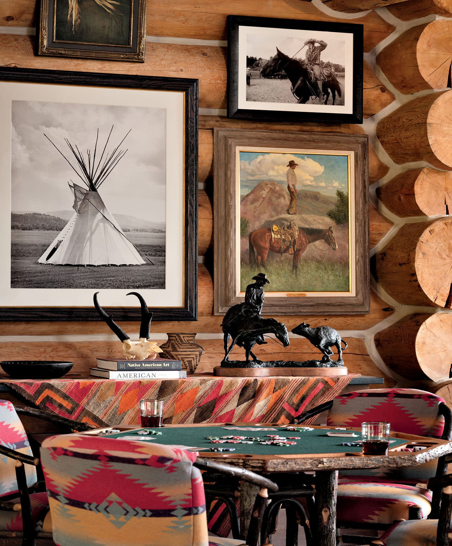 A handcrafted log home with a colorful and vibrant southwestern color palette