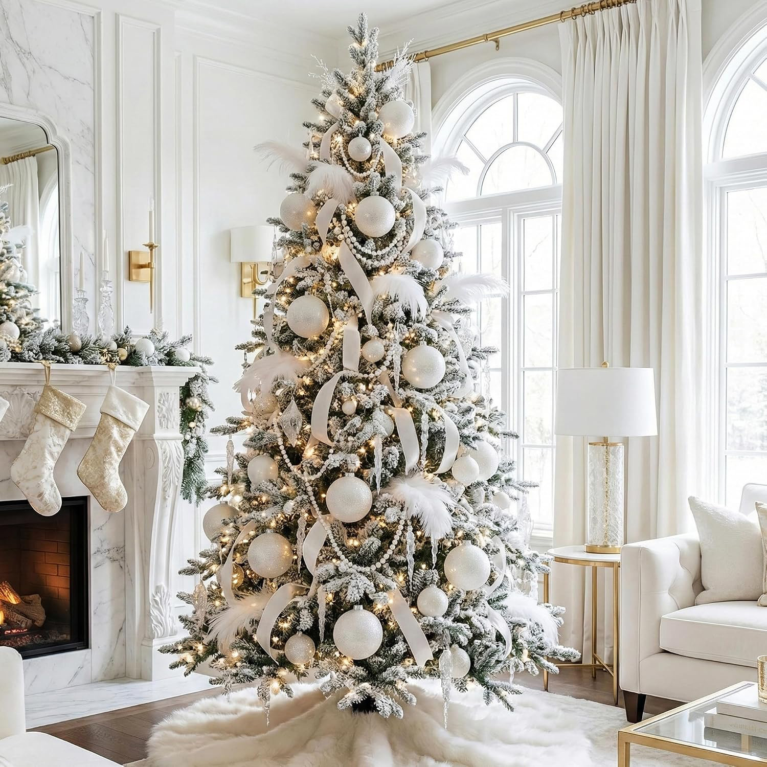 Flocked Christmas tree with twinkling lights, white ball ornaments and feathers with a faux fur tree skirt