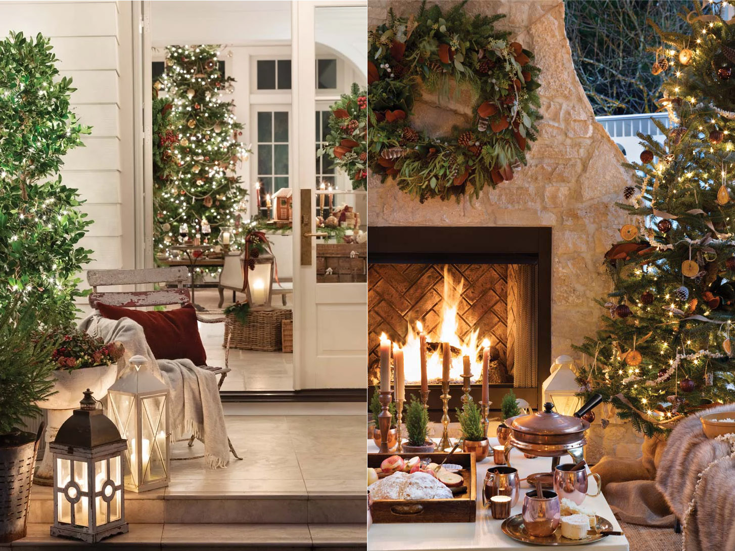 Outdoor farmhouse Christmas living room and and backyard