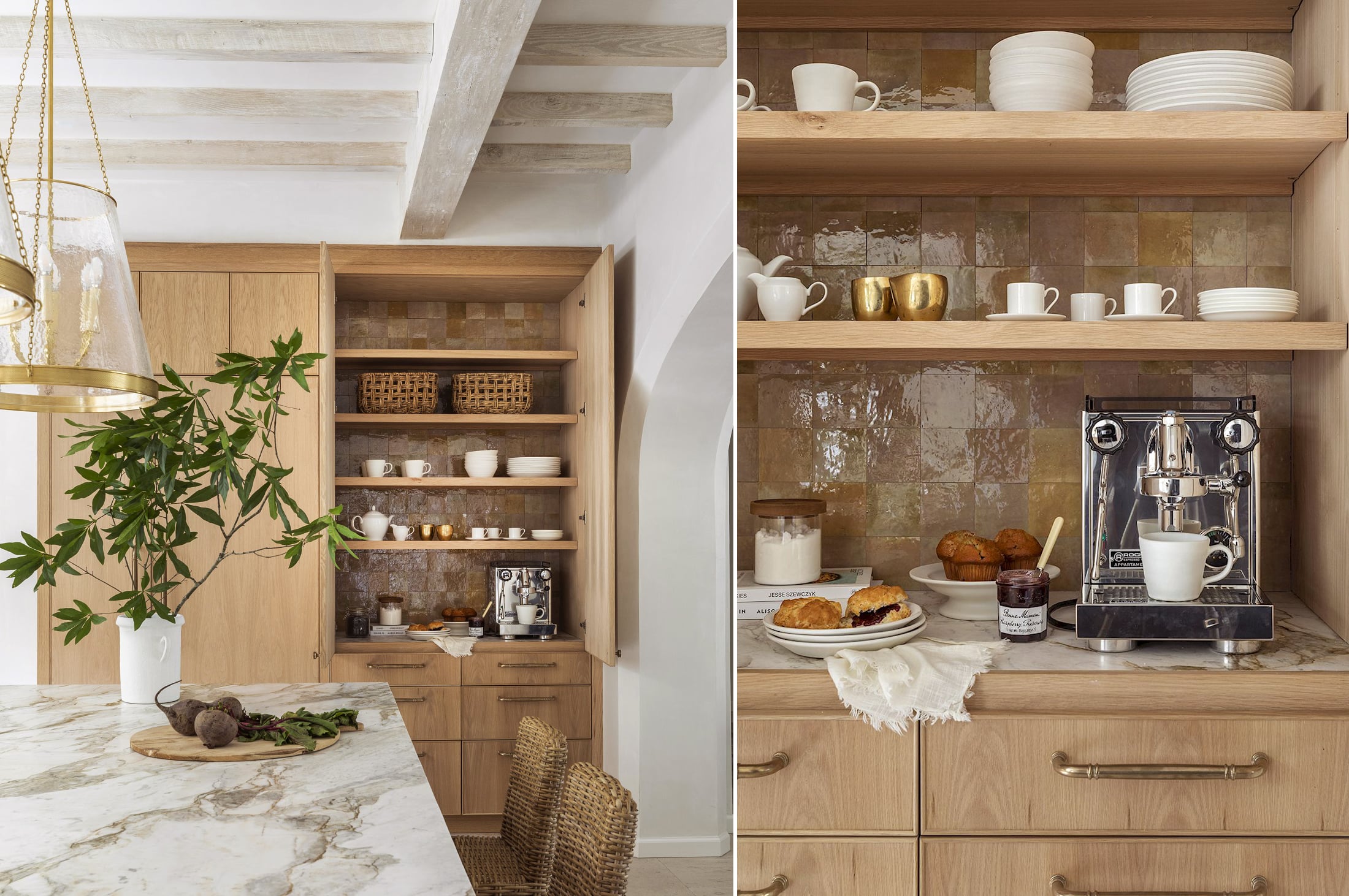 Kitchen with light oak cabinets and a built-in-coffee bar.