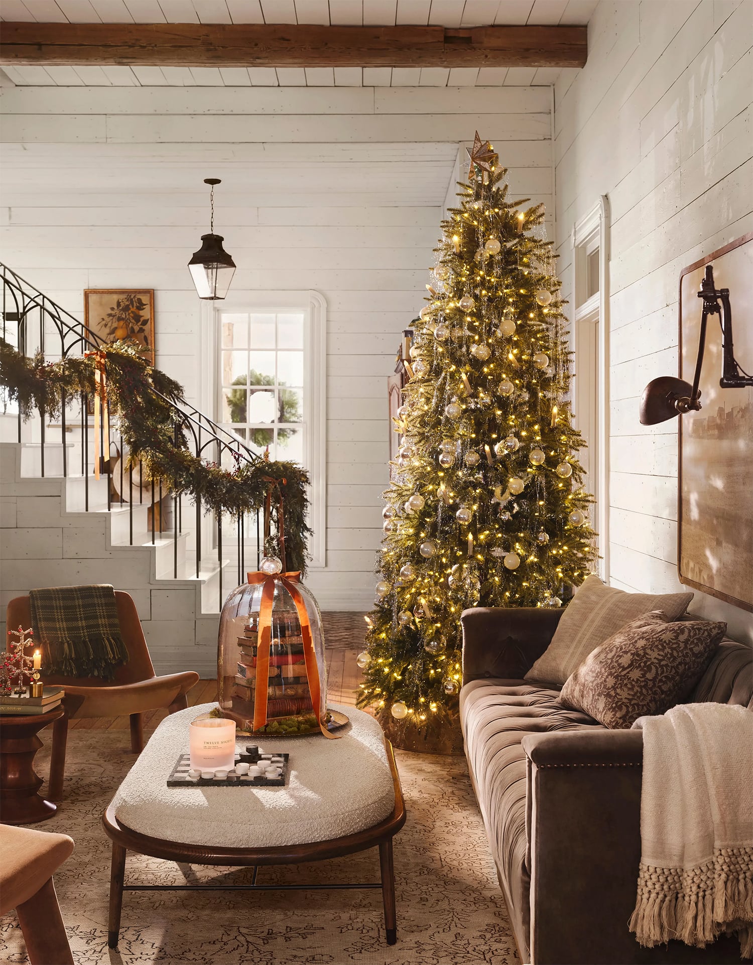 Country Christmas Living Room with Glass Cloche