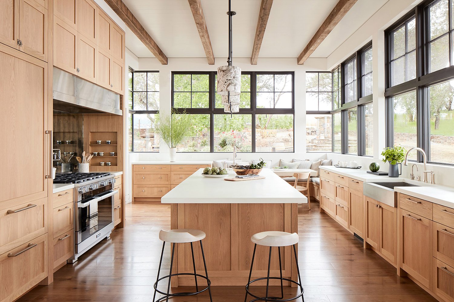 pair-wood-cabinets-with-white-countertops Pair Wood Cabinets with White Countertops