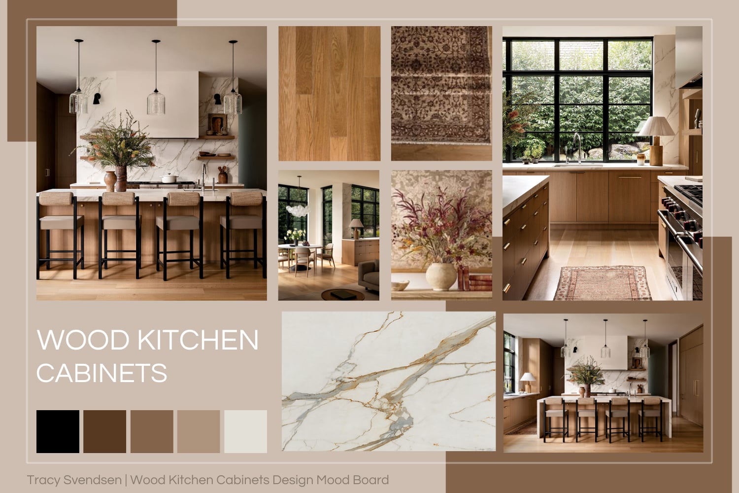 Designer mood board featuring warm pale oak wood kitchen cabinets, white walls, black-framed windows, softly veined stone surfaces, and an earth-tone area rug inspired by a clean, layered aesthetic.