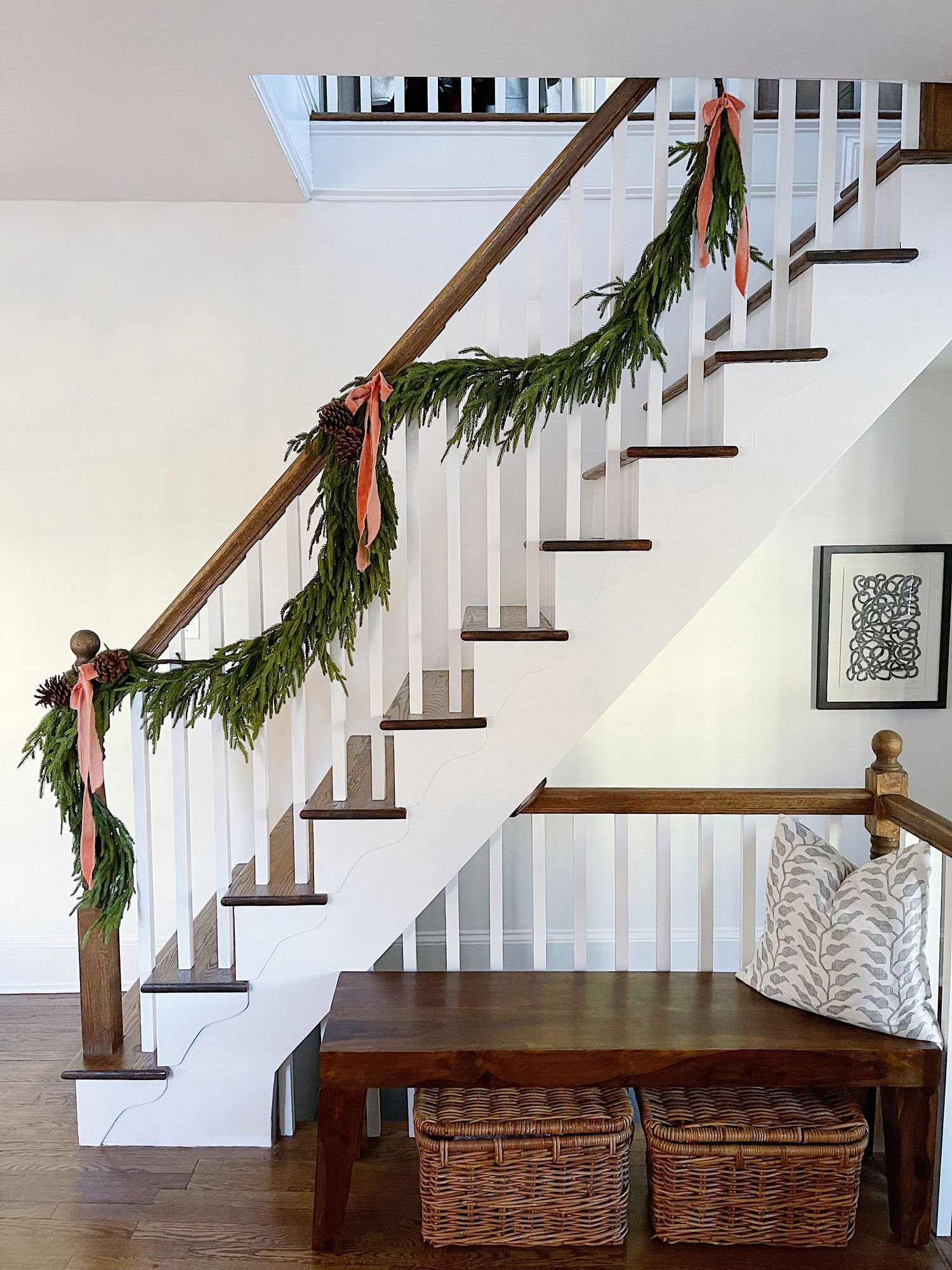 christmas-staircase-railing-with-pinecones Christmas Staircase Railing with Pinecones