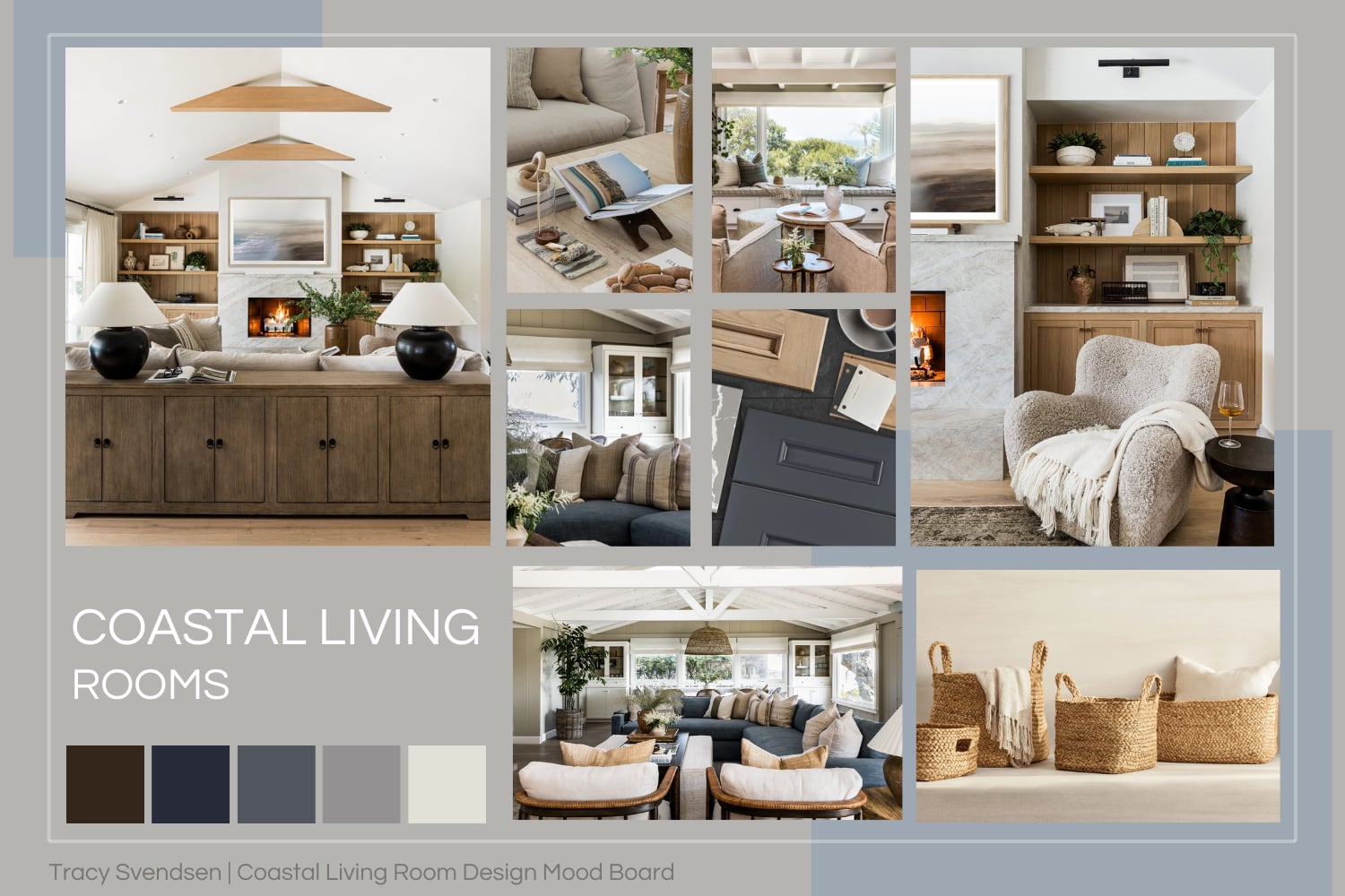 Coastal living room mood board with white walls, light wood flooring, soft blue and gray accents, and layered natural textures.