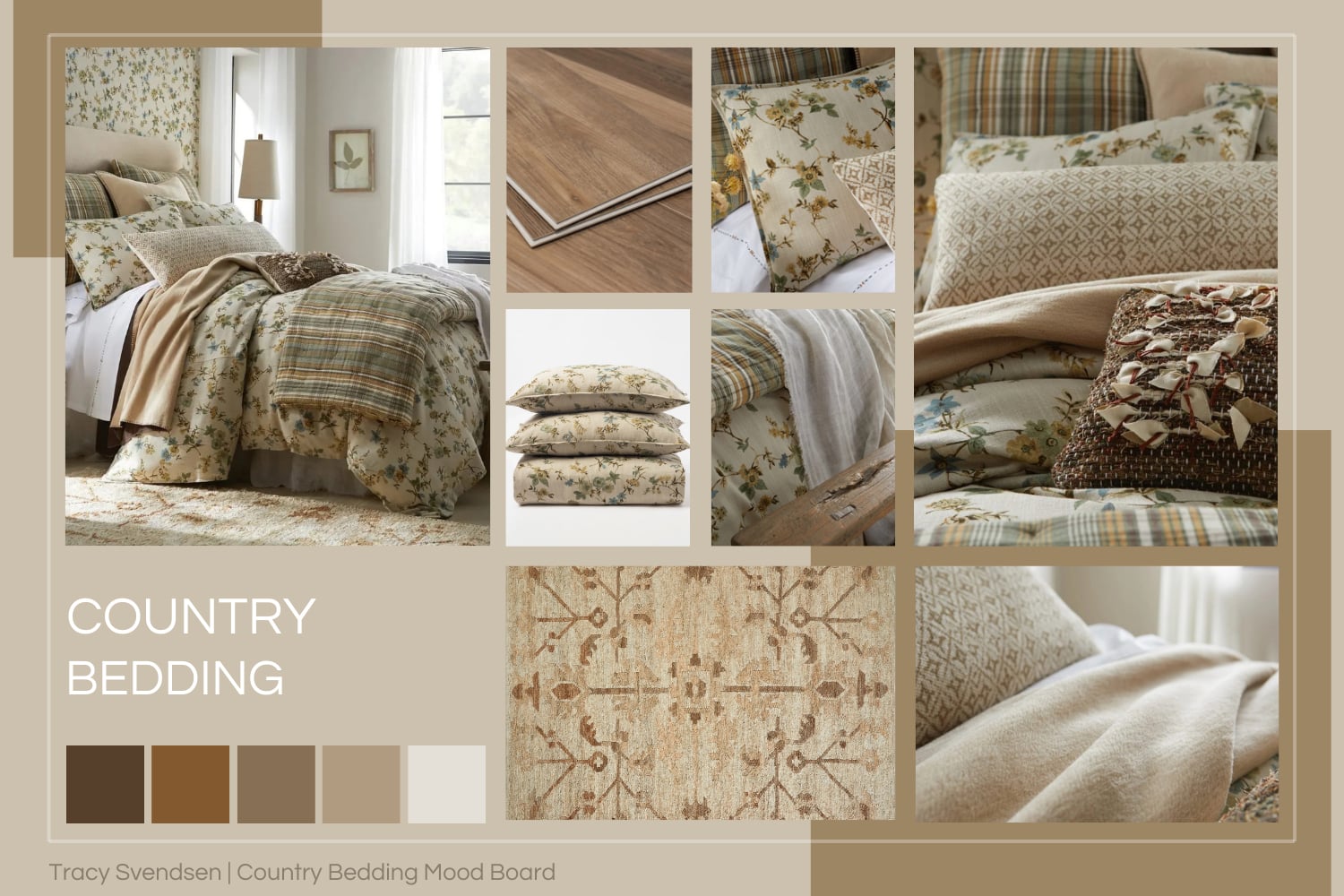 Layered country bedding with floral duvet, plaid quilt, upholstered headboard, and woven jute rug in warm neutral tones.
