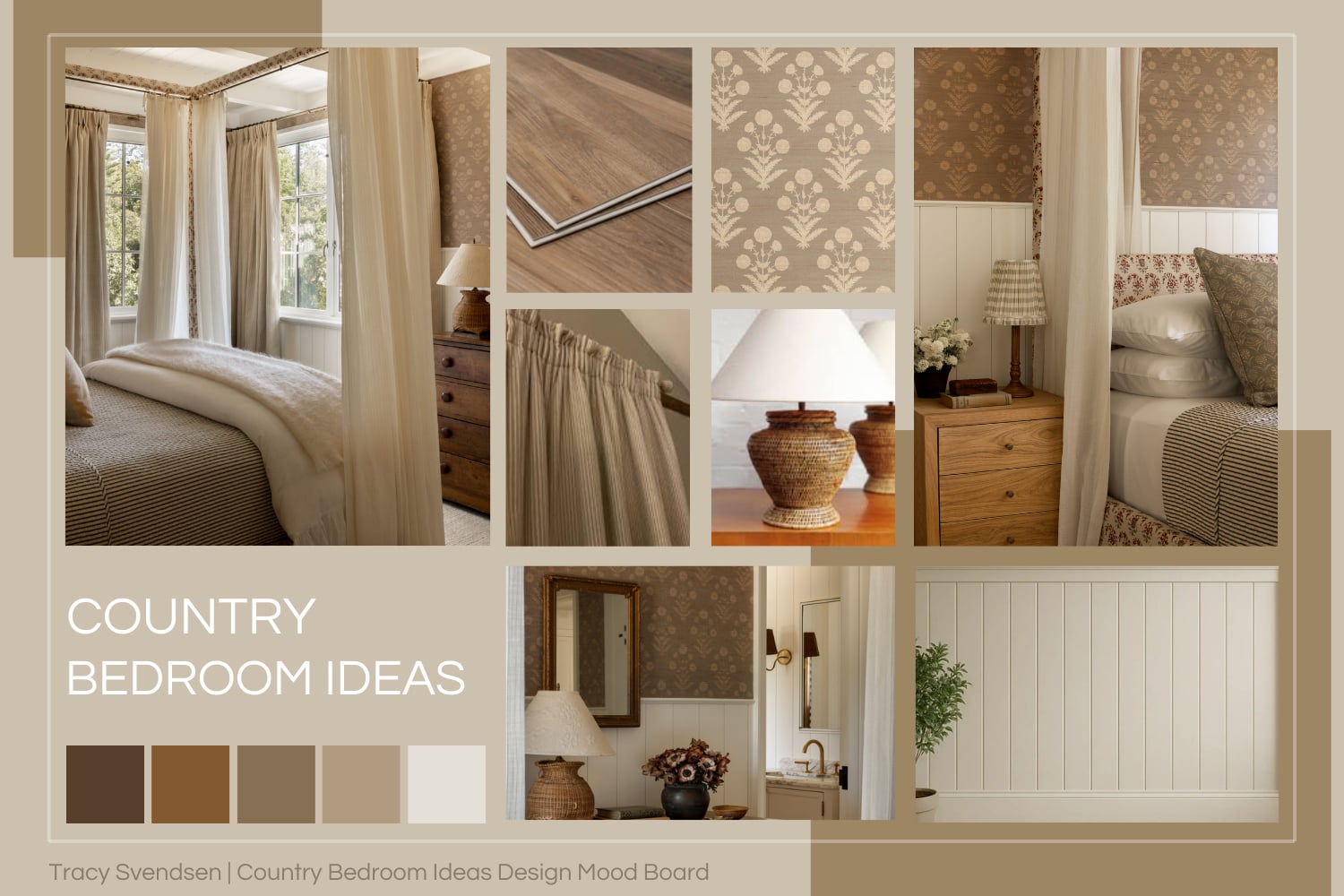 Country bedroom with floral canopy bed, shiplap and grasscloth walls, striped curtains, and layered neutral bedding.