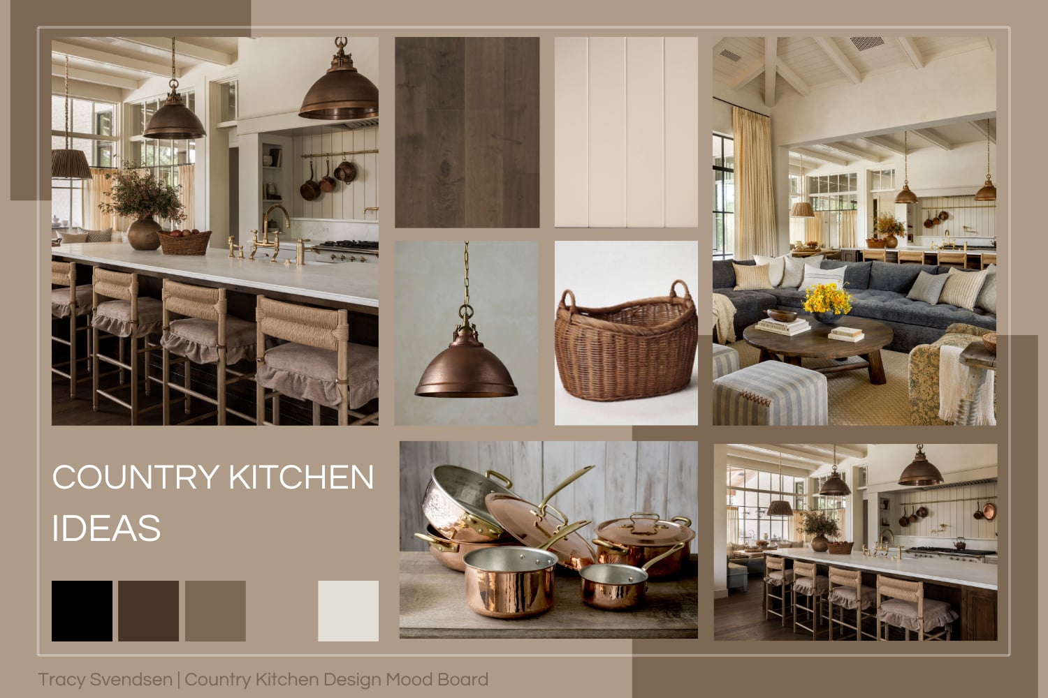 Country kitchen mood board with dark wood flooring, white quartz countertops, copper pendant lights, shiplap range wall, and warm neutral tones.