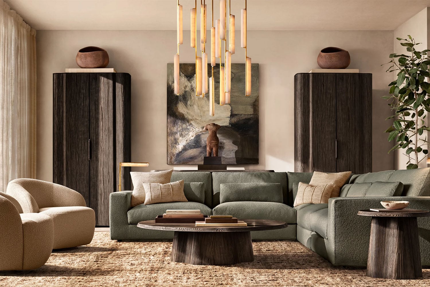 A modern rustic living room with a sage green sectional, and dark wood cabinets