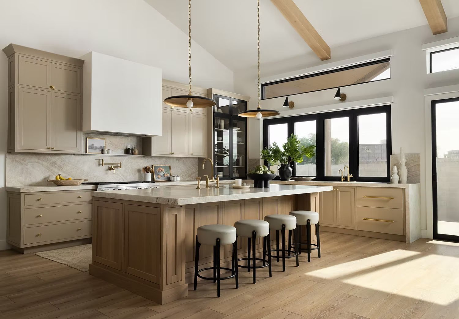 taupe-kitchen-cabinets-with-wood-flooring Taupe Kitchen Cabinets with Wood Flooring