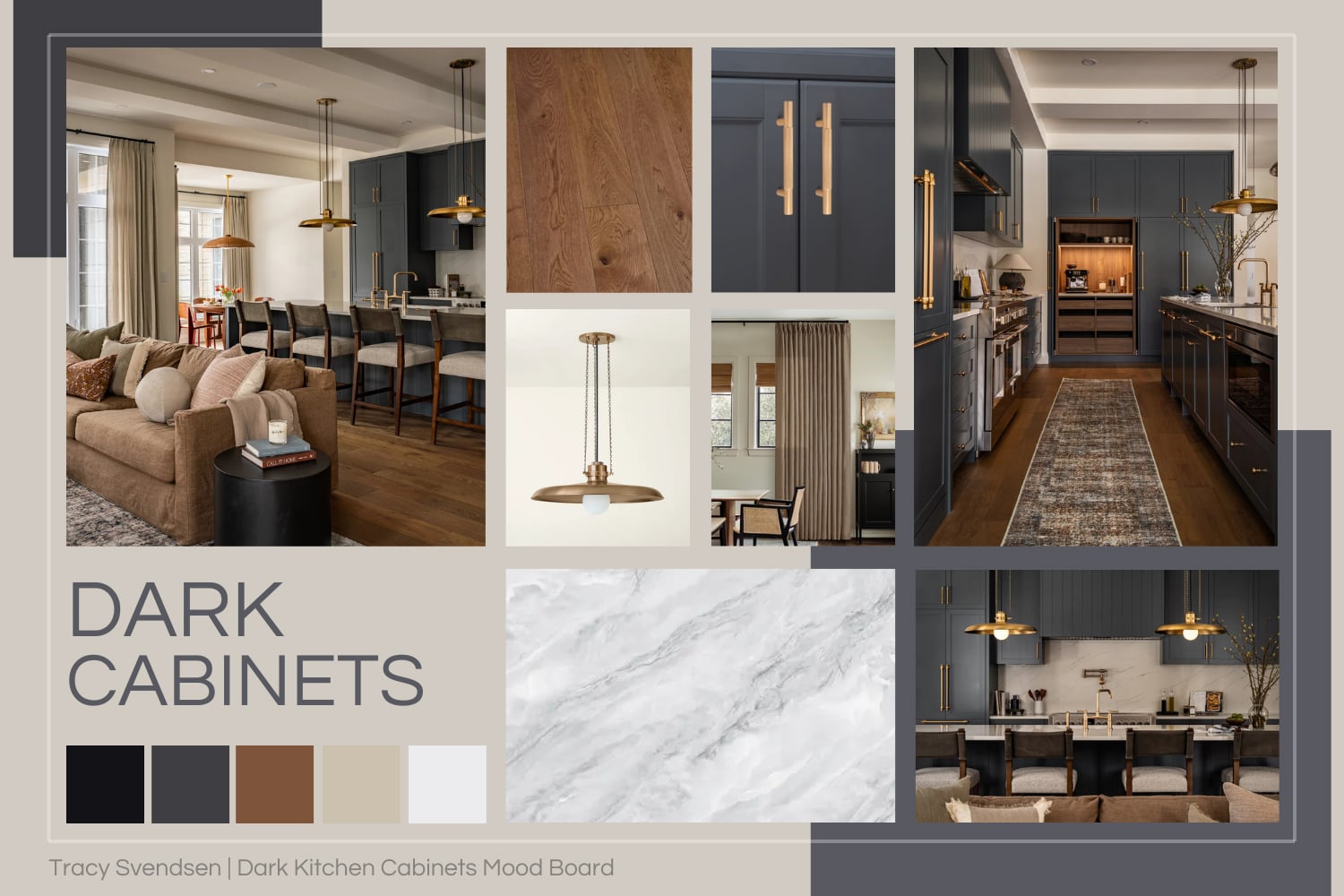 Designer mood board of a dark navy kitchen with bronze hardware, warm wood flooring, and marble countertops.