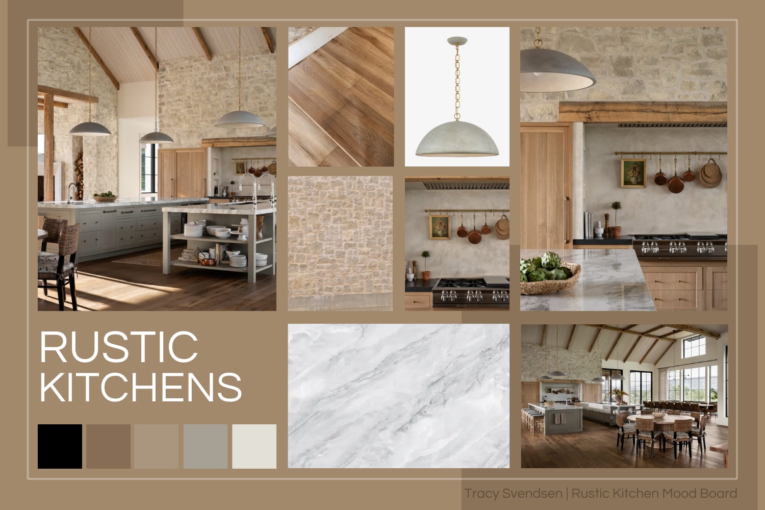 Designer-interpreted mood board showing a modern organic rustic kitchen inspired by natural materials.