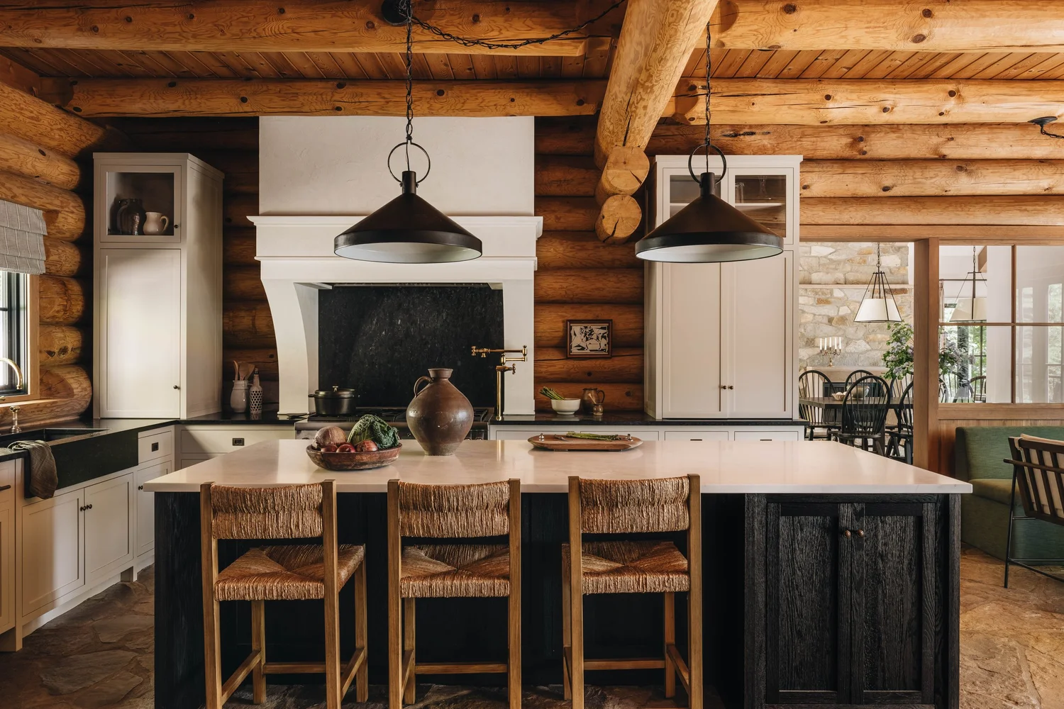 rustic-log-home-kitchen-ideas Log Home Kitchen with White Cabinets