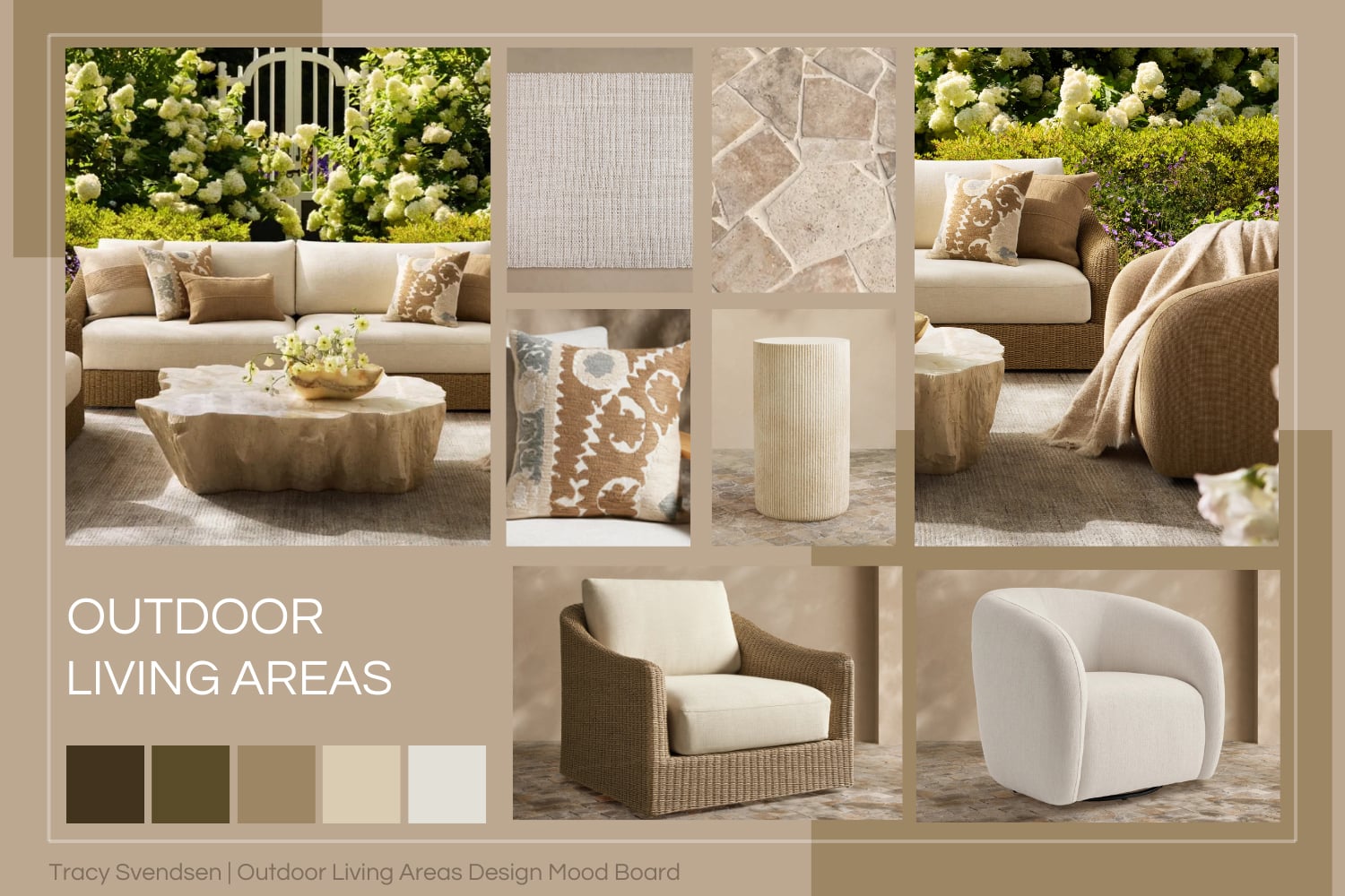 Outdoor living room with wicker sofa, fossilized clamshell coffee table, tonal neutral palette, and textured performance rug.