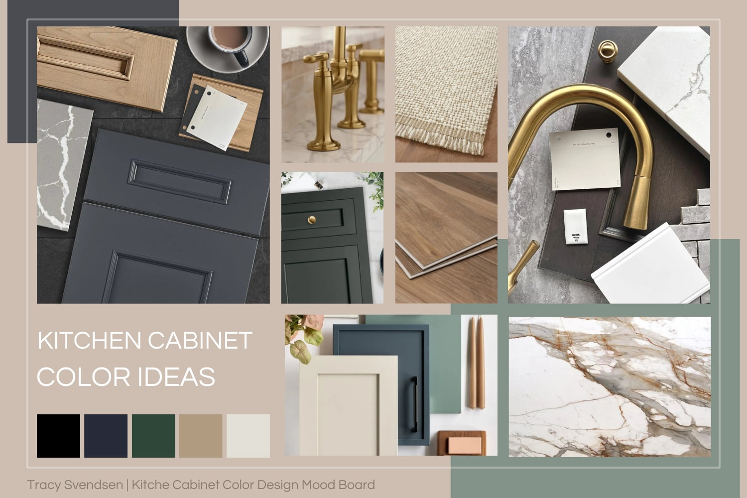 Kitchen cabinet color samples paired with marble, wood flooring, area rugs, and metal finishes in a material mood board.