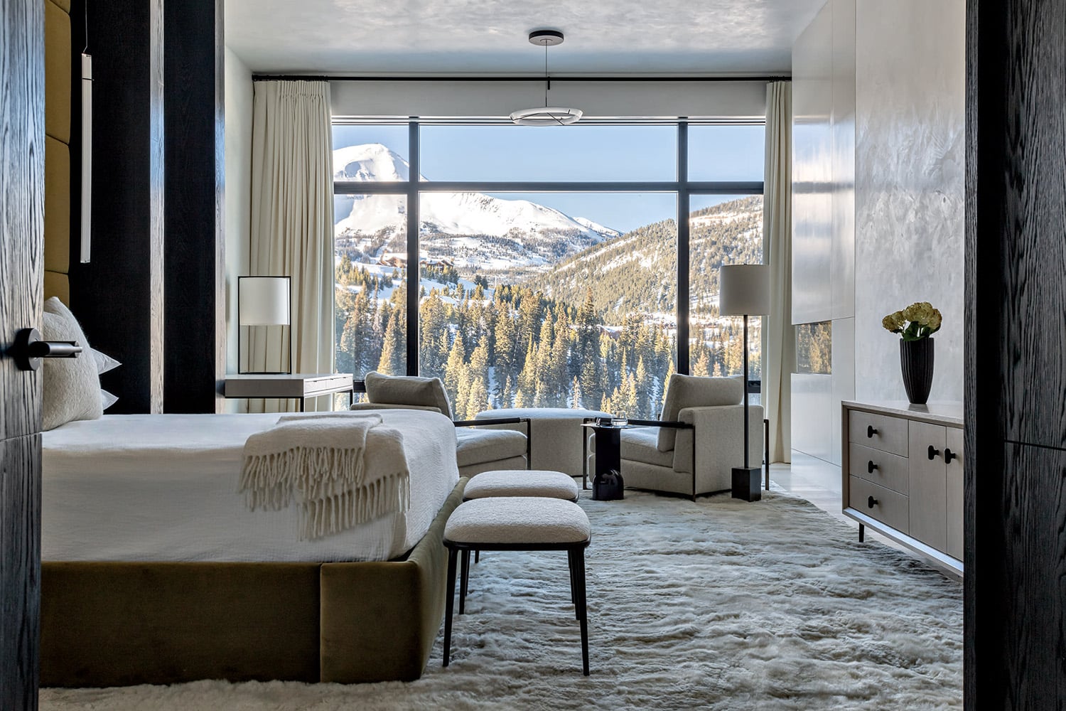 Modern Mountain Bedroom with White Walls