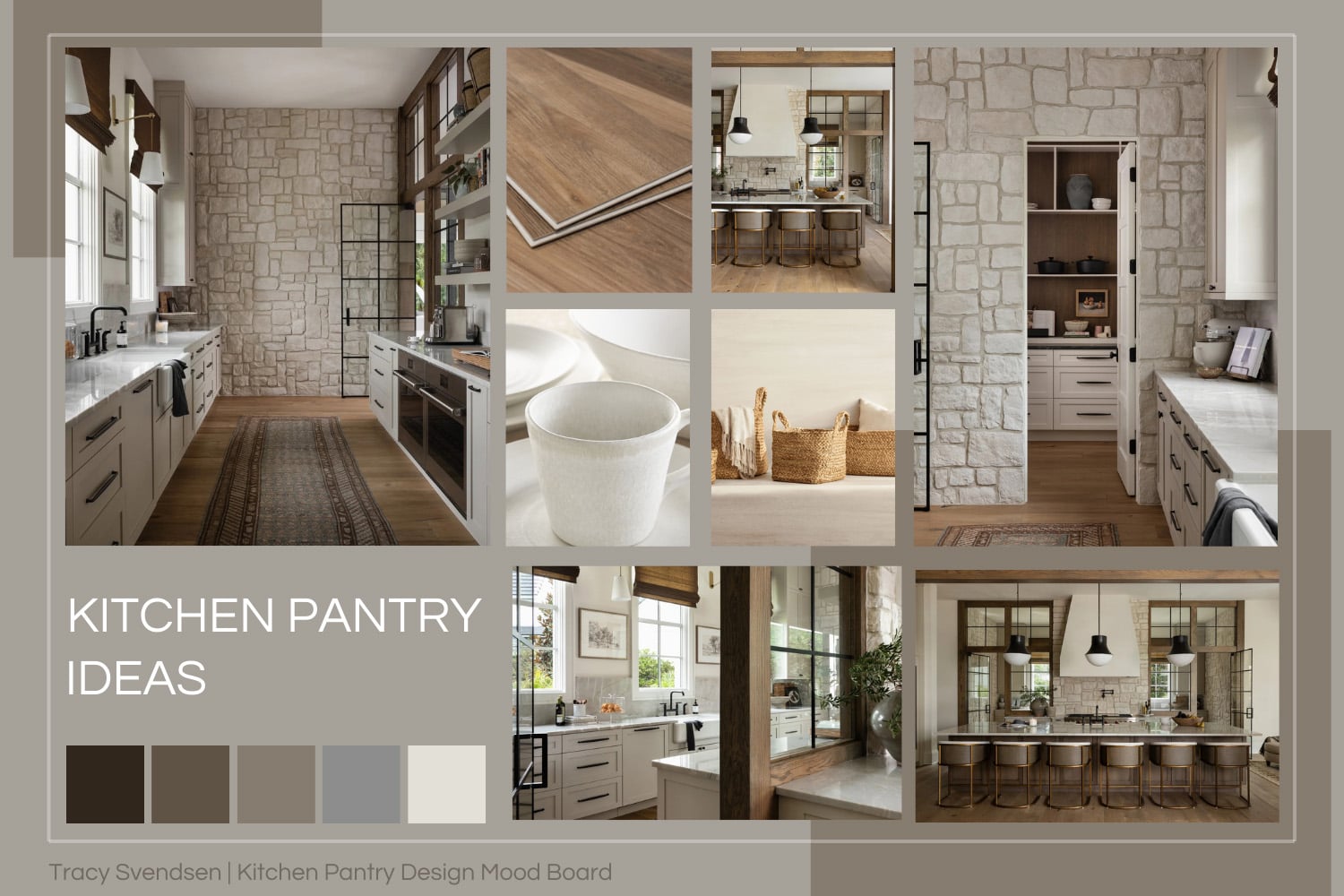 Modern farmhouse kitchen pantry designer mood board with light oak floors, stone feature wall, white cabinets, open shelving, woven shades, and coffee station.