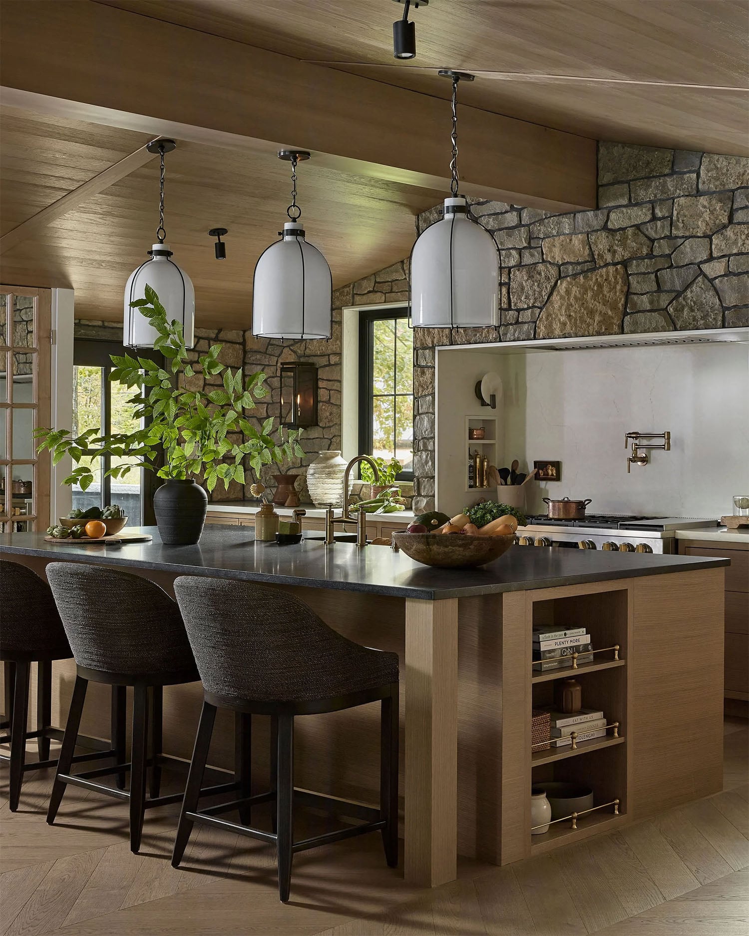 modern-rustic-kitchen-with-stone-accent-wall-surrounding-vent Modern Rustic Kitchen with Stone Accent Wall Surrounding Vent