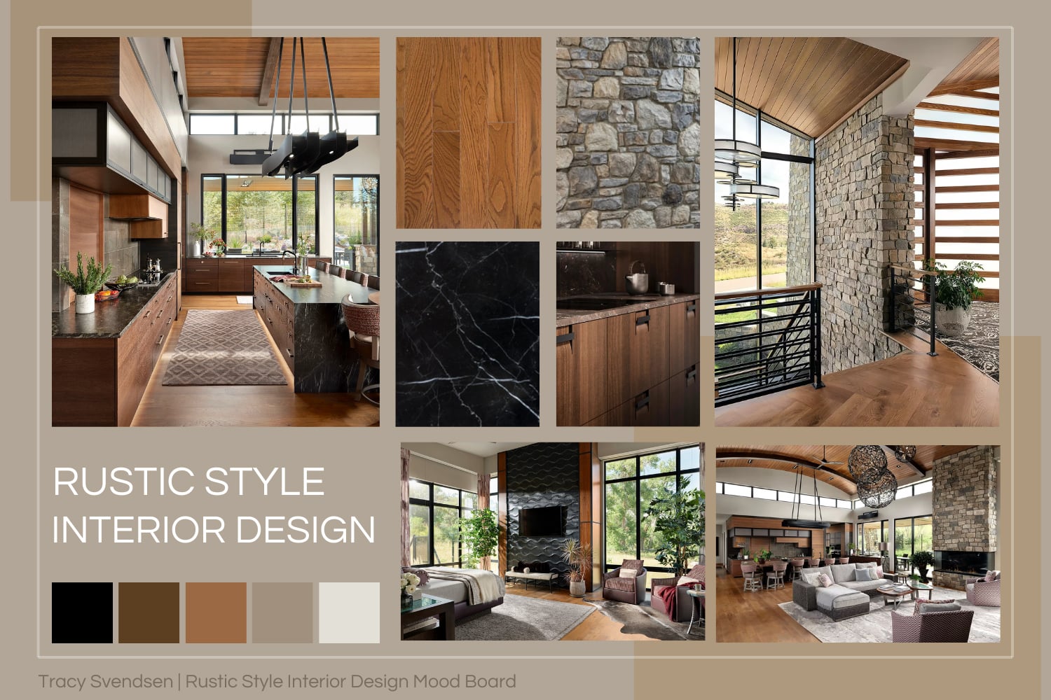 Rustic modern interior with arched ceilings, dark wood beams, natural wood kitchen cabinets, black marble countertops, and stone fireplace.