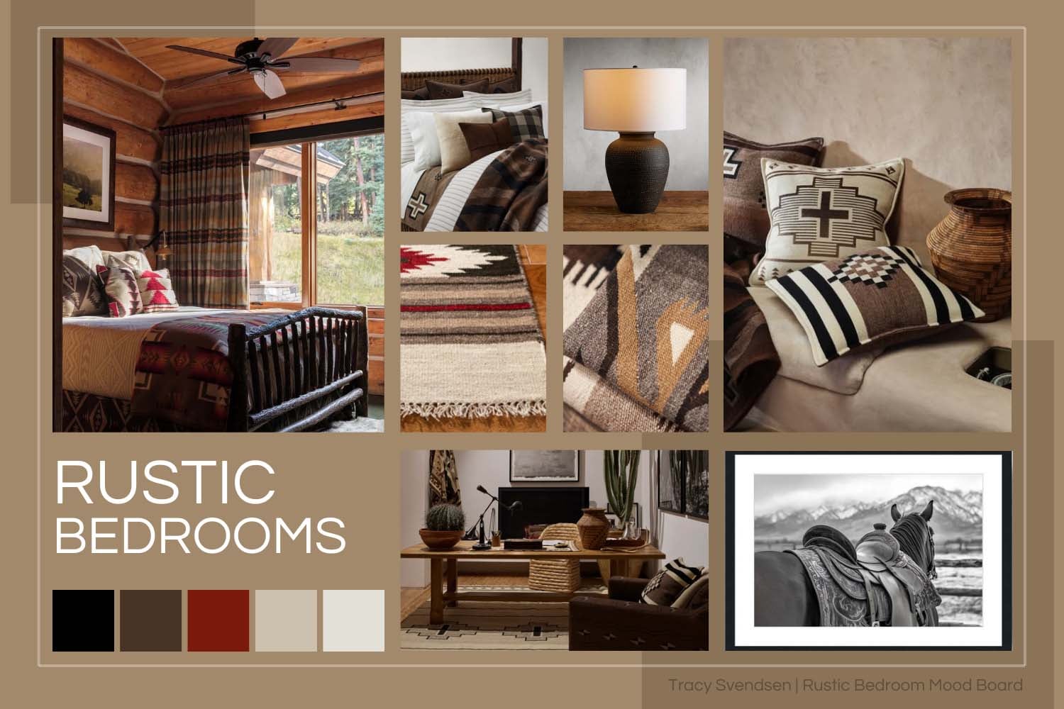 Designer-interpreted rustic bedroom mood board with Western influence and Southwestern textiles.
